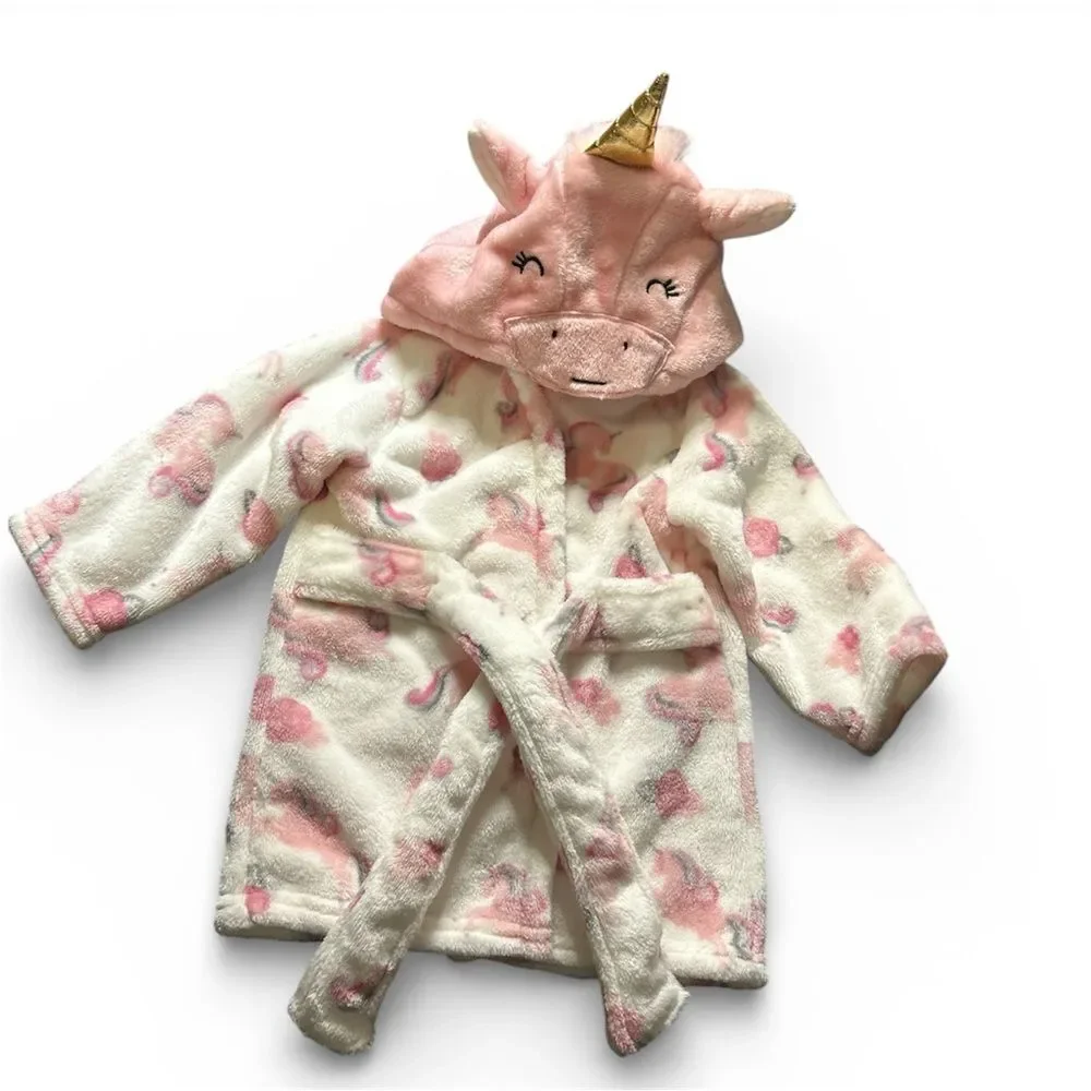 Unicorn Robe 0-6M Pink White Plush Hooded Bathrobe Animal Face